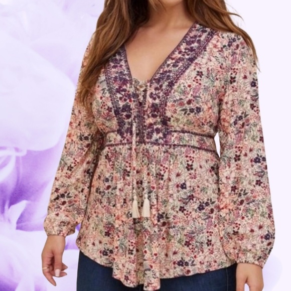 torrid Tops - Torrid Babydoll Rayon Crepe Embroidered Lace-Up Top